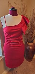 Red Asymmetrical Ruffle Shoulder Dress